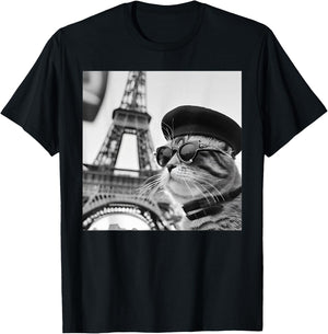 Funny Cat Wearing Sunglasses and A Beret At The Eiffel Tower T-Shirt - T-Shirt | Black