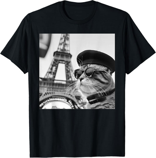 Funny Cat Wearing Sunglasses and A Beret At The Eiffel Tower T-Shirt - T-Shirt | Black
