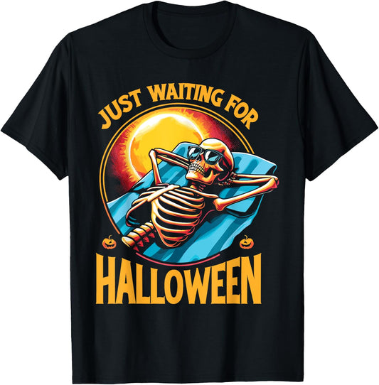 Just Waiting For Halloween Summerween Skeleton Beach T-Shirt - T-Shirt | Black