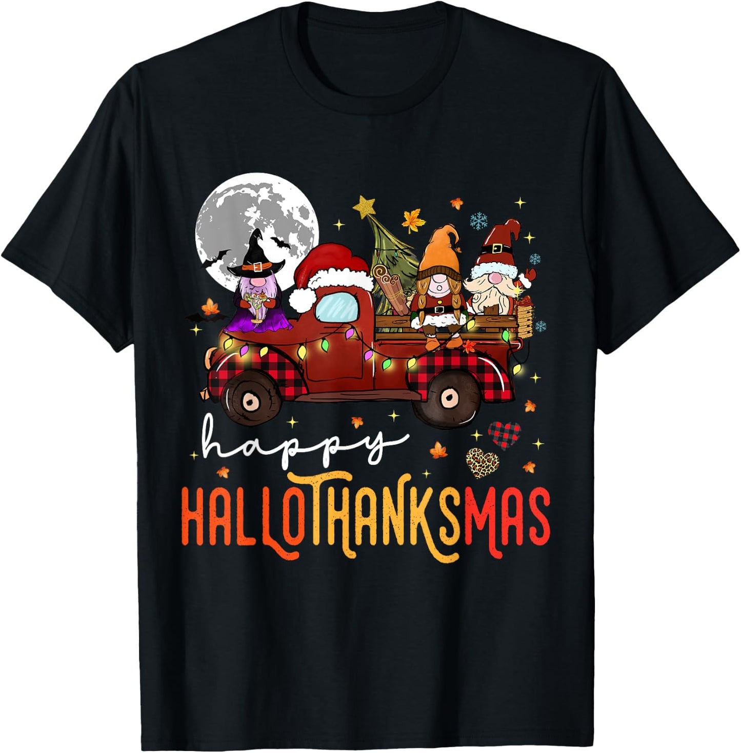 Funny Hallowthanksmas Gnome Christmas T-Shirt - T-Shirt | Black