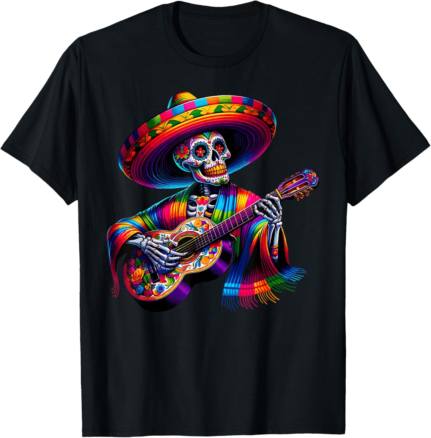 Funny Cinco De Mayo Skeleton Skull Fiesta Sombreros Guitar T-Shirt - T-Shirt | Black