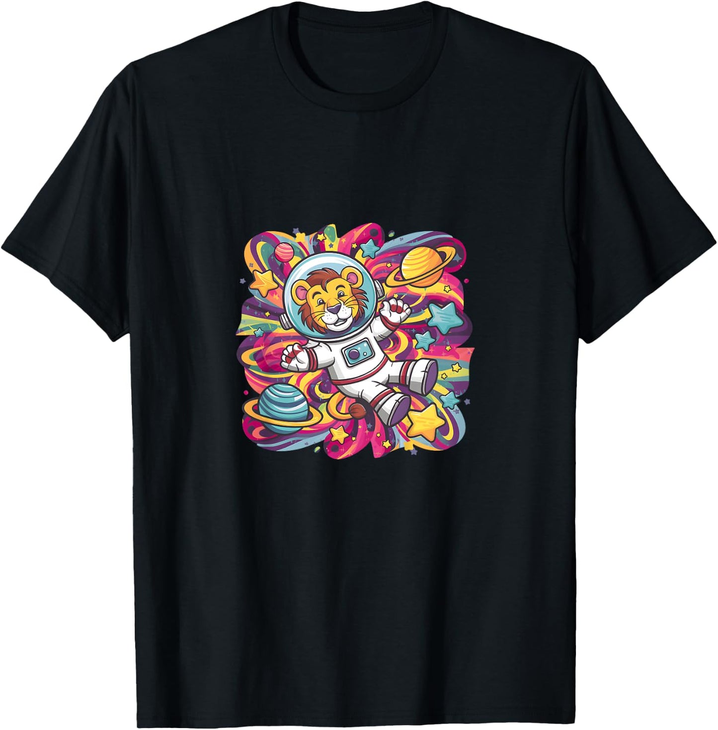 Kids Cute Astronaut Lion in Space Funny Planetary Kids T-Shirt - T-Shirt | Black