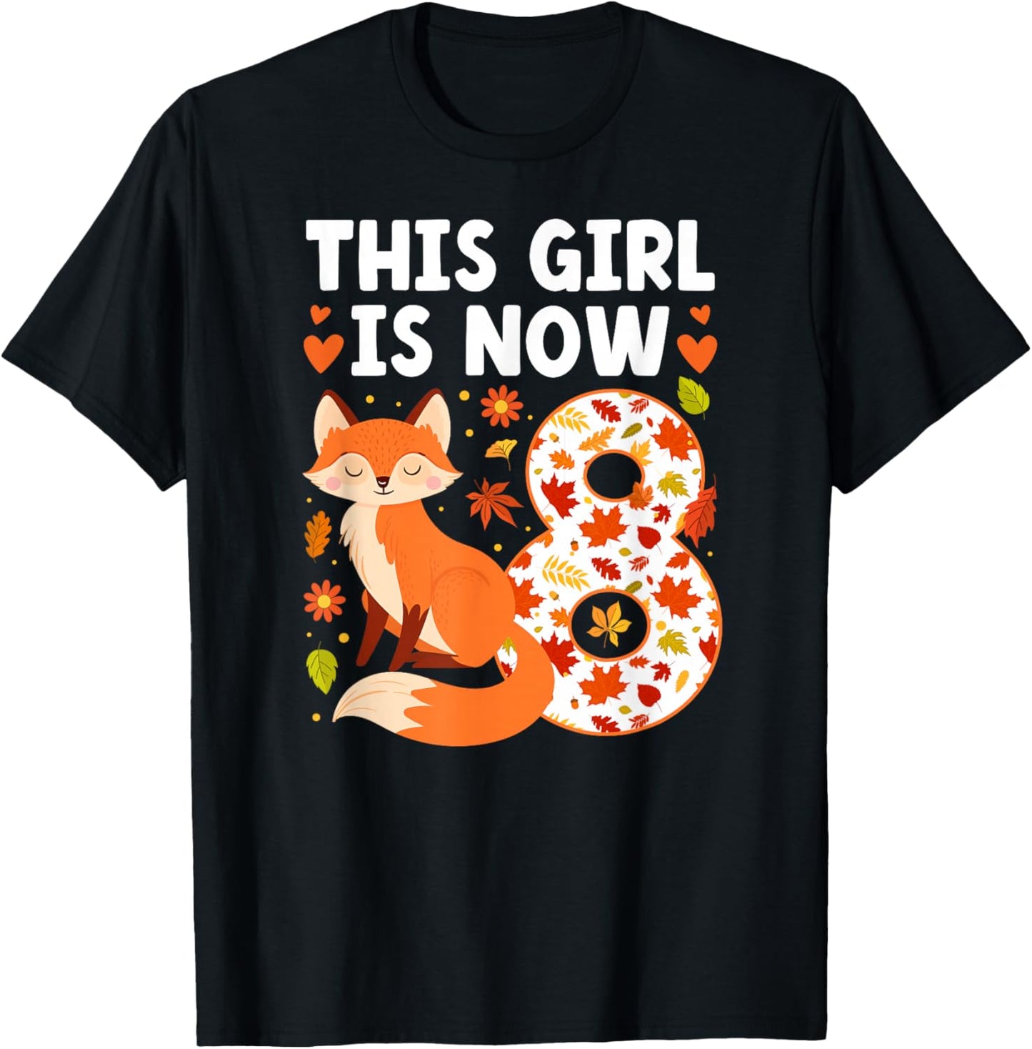 8th Fox Birthday Party 8 Year Old Girl Foxes Birthday Fox T-Shirt - T-Shirt | Black