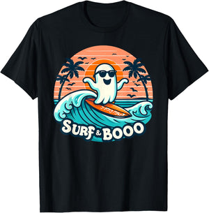 Cool Ghost Costume Surf and Boo Surfing Surfboard Halloween T-Shirt - T-Shirt | Black