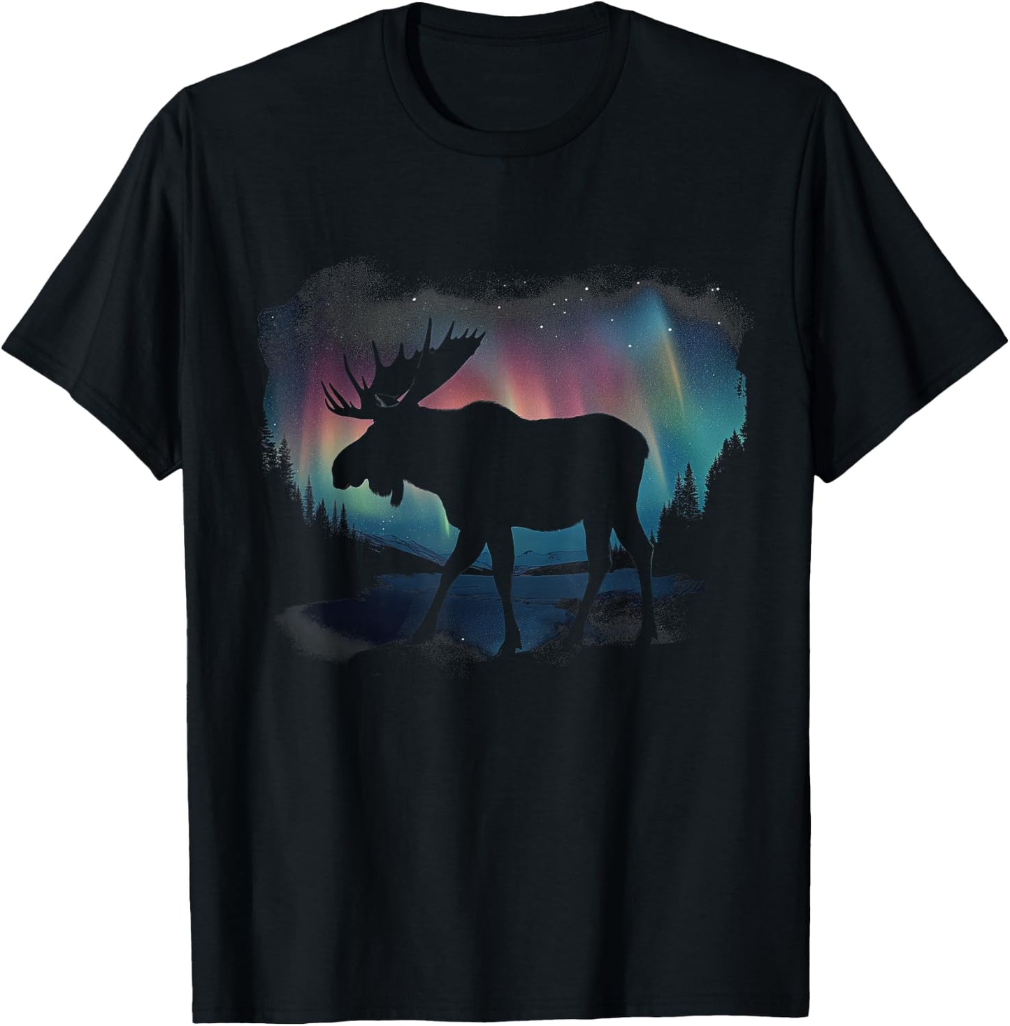 Moose Northern Light Winter Hiking Alaska Nature Lover T-Shirt - T-Shirt | Black