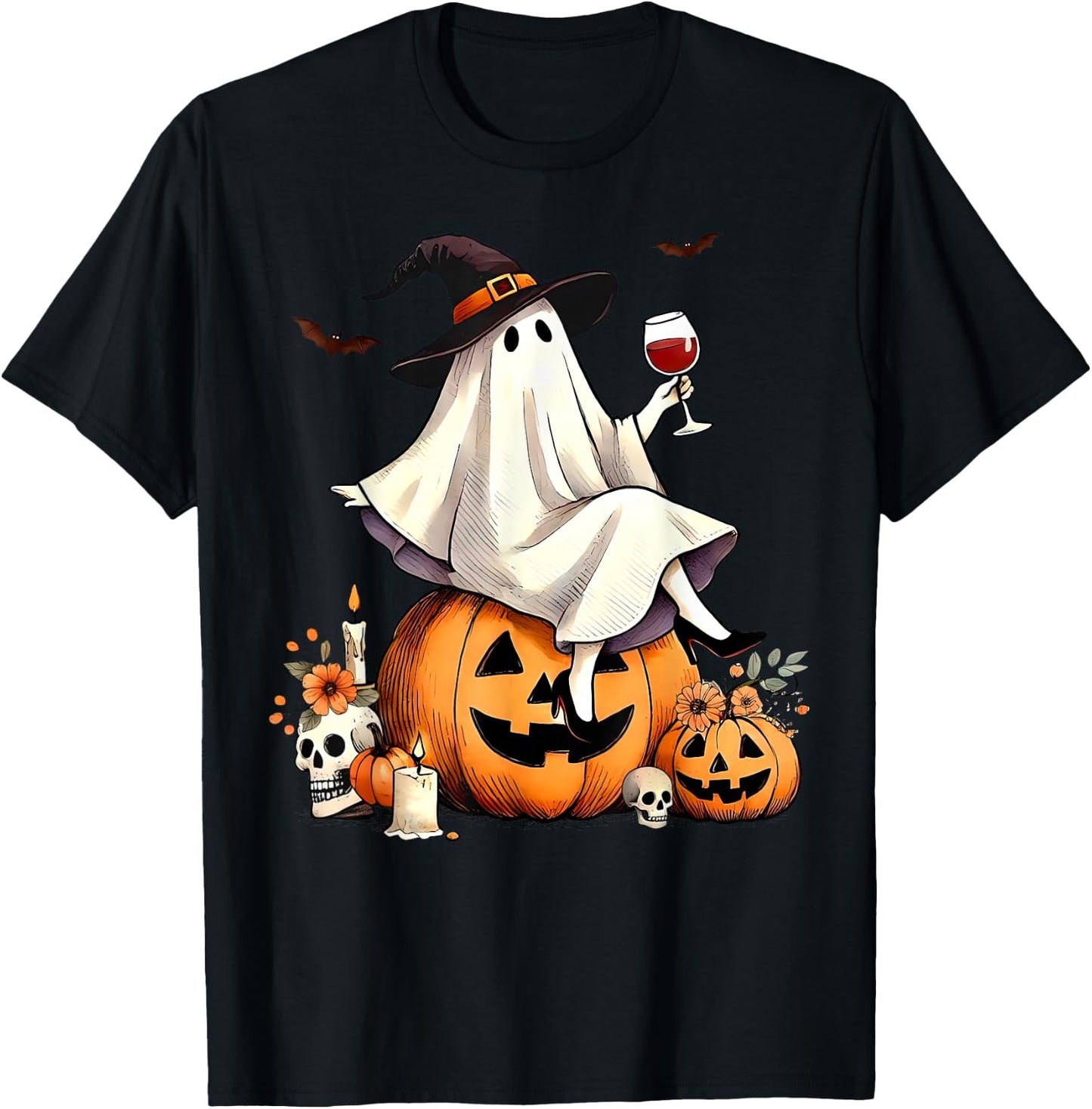 Witch Ghost Wine Drinking Pumpkin Halloween Spooky Season T-Shirt - T-Shirt | Black