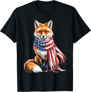 Fox 4th of July American Flag Fox Animal Patriotic Men Women T-Shirt - T-Shirt | Black
