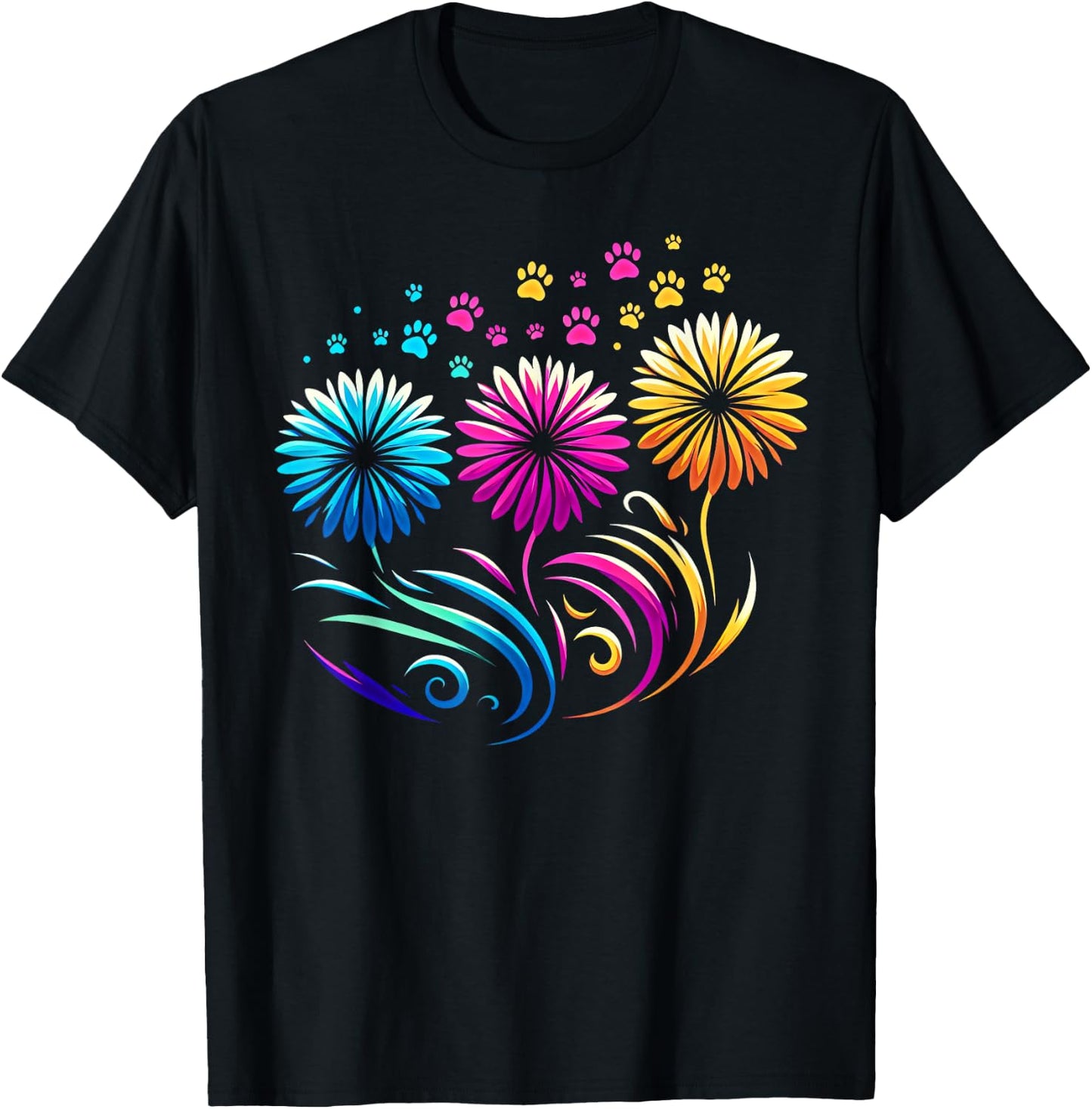 Dandelion Flowers Cute Dog Paw Funny Cat Paw Men Women Kids T-Shirt - T-Shirt | Black