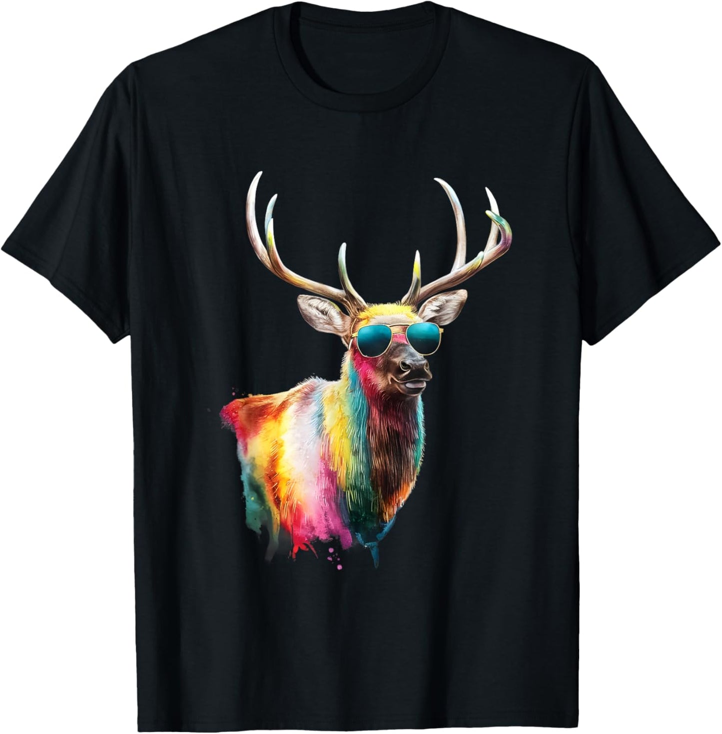 Elk Men Woman Colorful Watercolor Elk T-Shirt - T-Shirt | Black