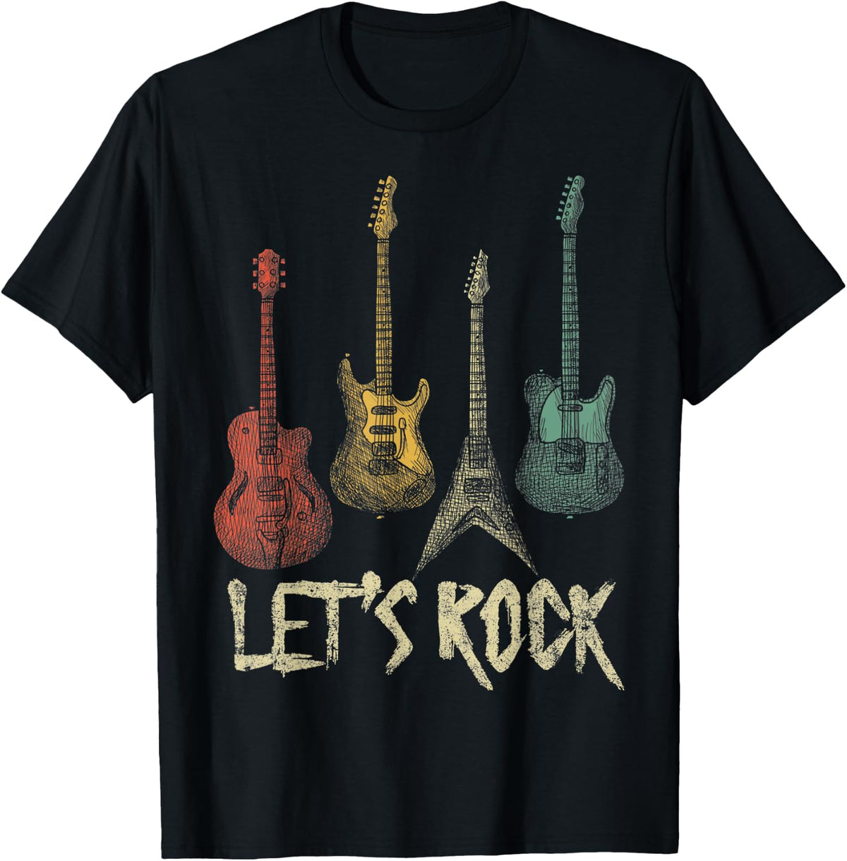 Lets Rock Rock n Roll Guitar Retro Gift Men Women Shirt T-Shirt - T-Shirt | Black