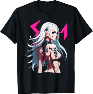 Sexy Waifu Otaku Anime Cyberpunk Girl Japanese T-Shirt - T-Shirt | Black