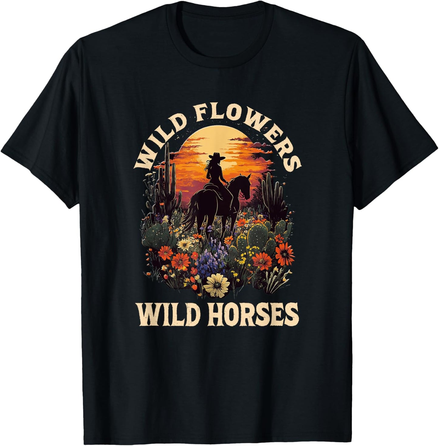 Western Sunset Cowgirl Riding Horse Wild Flowers Wild Horses T-Shirt - T-Shirt | Black