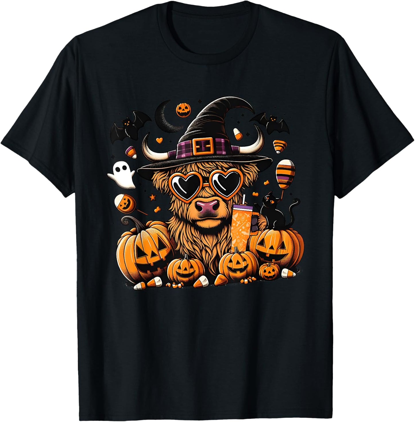 Halloween Highland Cow , Cute Witch Spooky Halloween Cow T-Shirt - T-Shirt | Black
