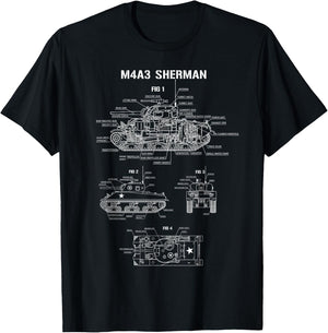 World War 2 American Tank M4A3 Sherman Blueprint T-Shirt - T-Shirt | Black
