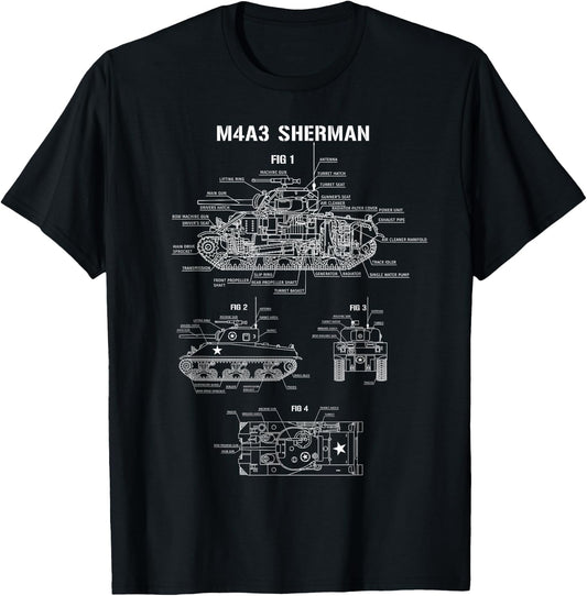 World War 2 American Tank M4A3 Sherman Blueprint T-Shirt - T-Shirt | Black