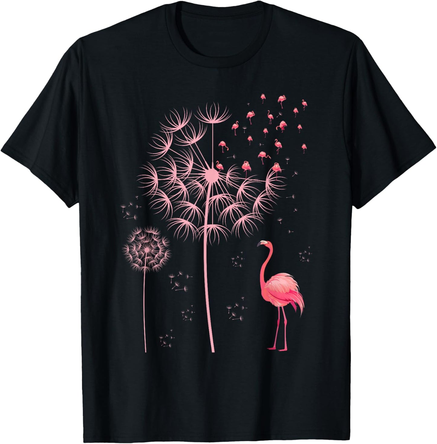 Flower Dandelion Exotic Animal Tropical Bird Pink Flamingo T-Shirt - T-Shirt | Black