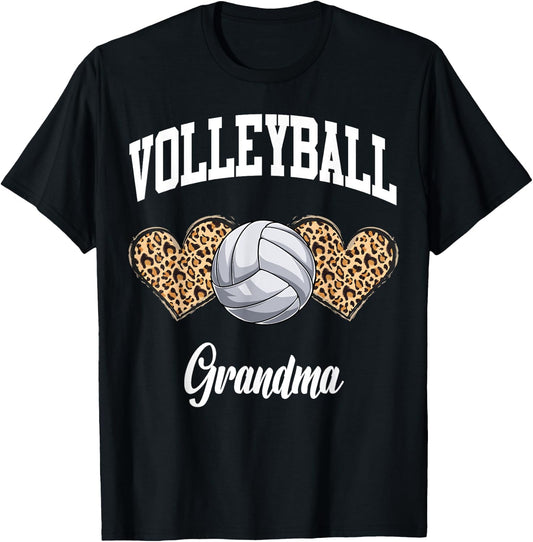 Volleyball Grandma Game Day Cute Leopard Pattern Heart T-Shirt - T-Shirt | Black
