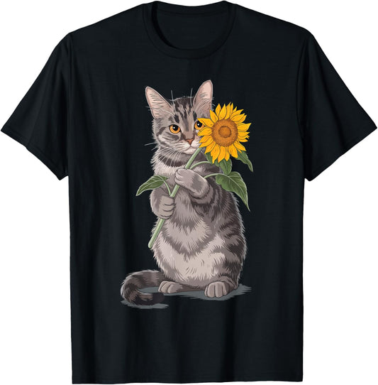 Cat Holding Sunflower T-Shirt - T-Shirt | Black