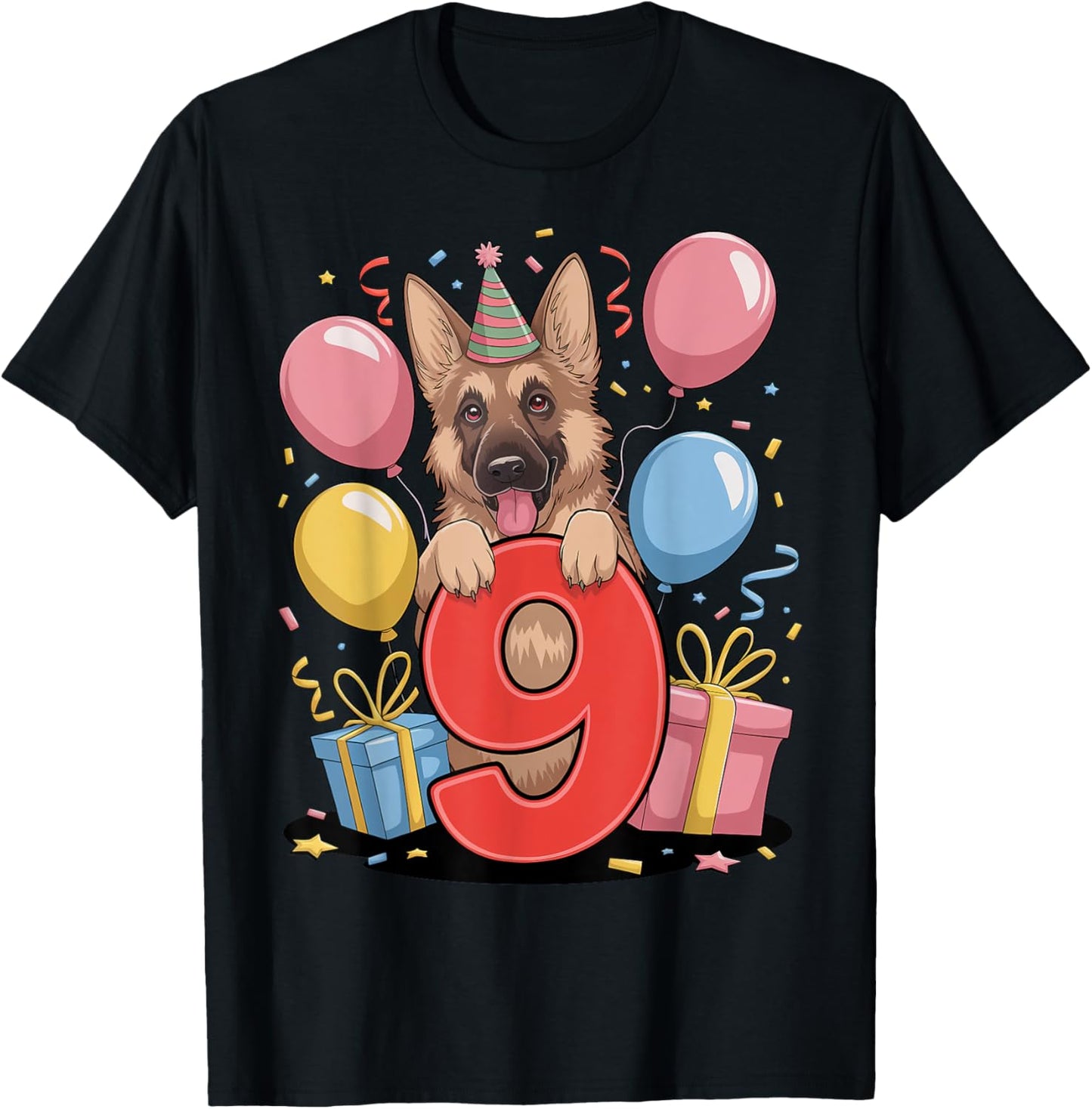 GSD dog 9th birthday boy girl 9 years nine German Shepherd T-Shirt - T-Shirt | Black
