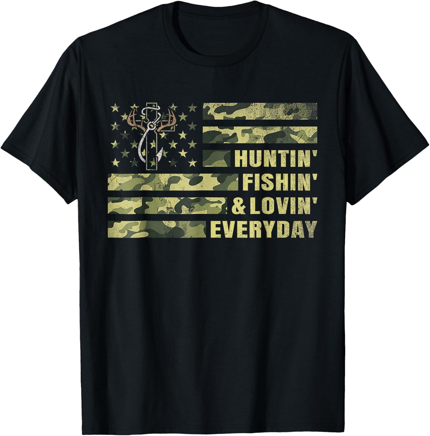 Hunting Fishing Loving Every Day Camo American Flag Patriot T-Shirt - T-Shirt | Black