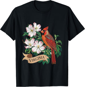 Virginia Cardinal Bird and Flowering Dogwood Flower T-Shirt - T-Shirt | Black
