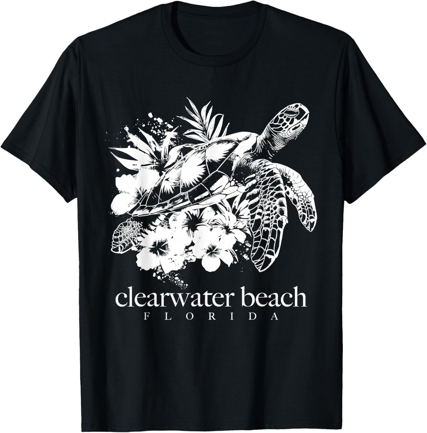 Clearwater Beach Florida Sea Turtle Flowers Surfer Souvenir T-Shirt - T-Shirt | Black