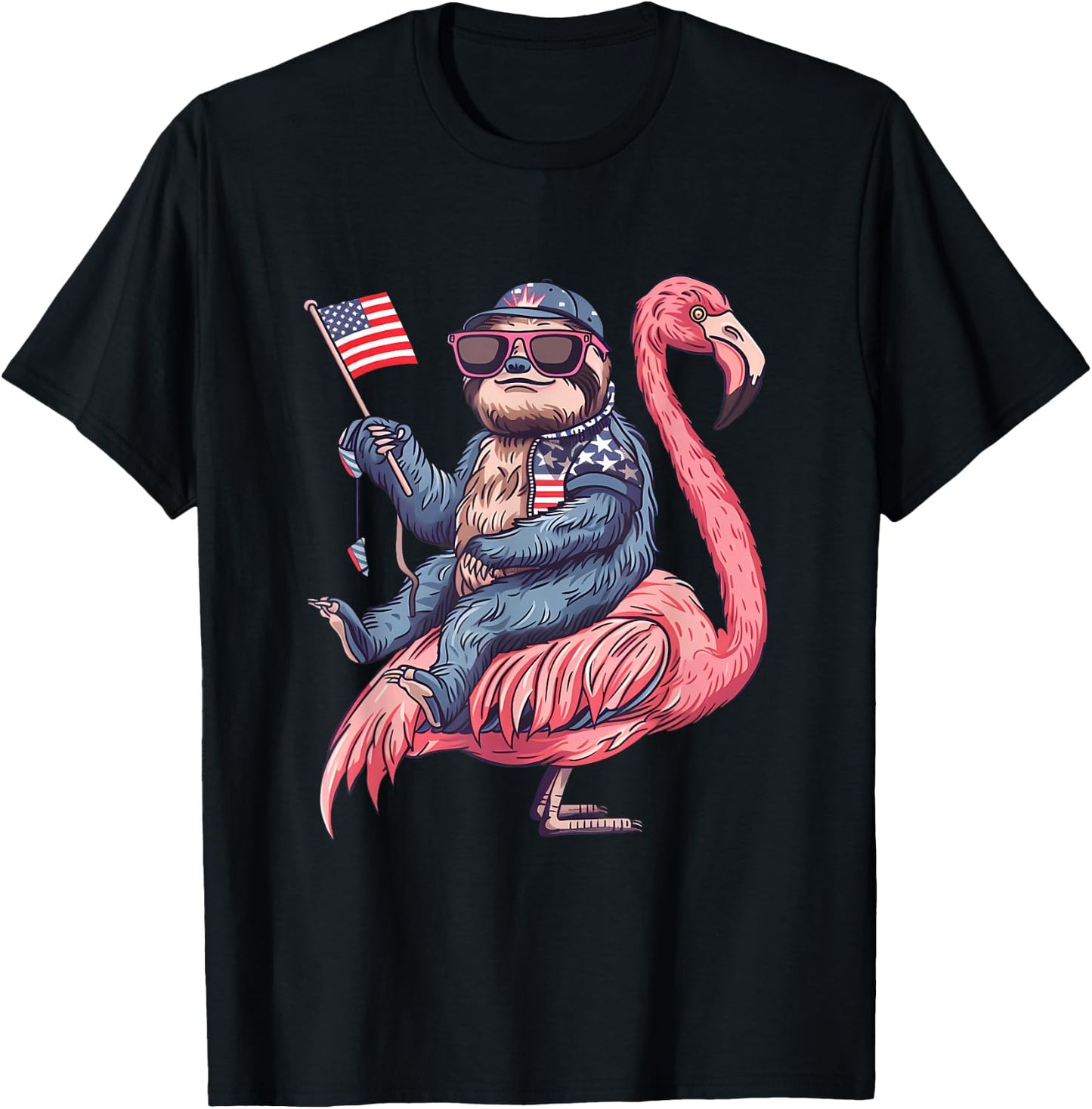4th Of July Sloth Flamingo American Flag USA Fourth Of July T-Shirt - T-Shirt | Black