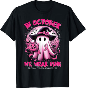 In October We Wear Pink Witch Ghost Breast Cancer Awareness T-Shirt - T-Shirt | Black