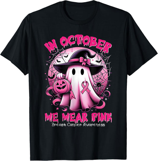 In October We Wear Pink Witch Ghost Breast Cancer Awareness T-Shirt - T-Shirt | Black