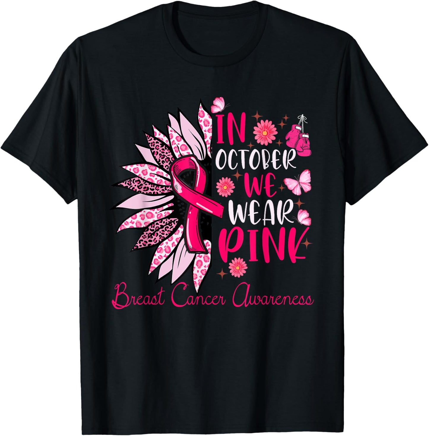 Sunflower Pink Breast Cancer Awareness Women Girls Warrior T-Shirt - T-Shirt | Black
