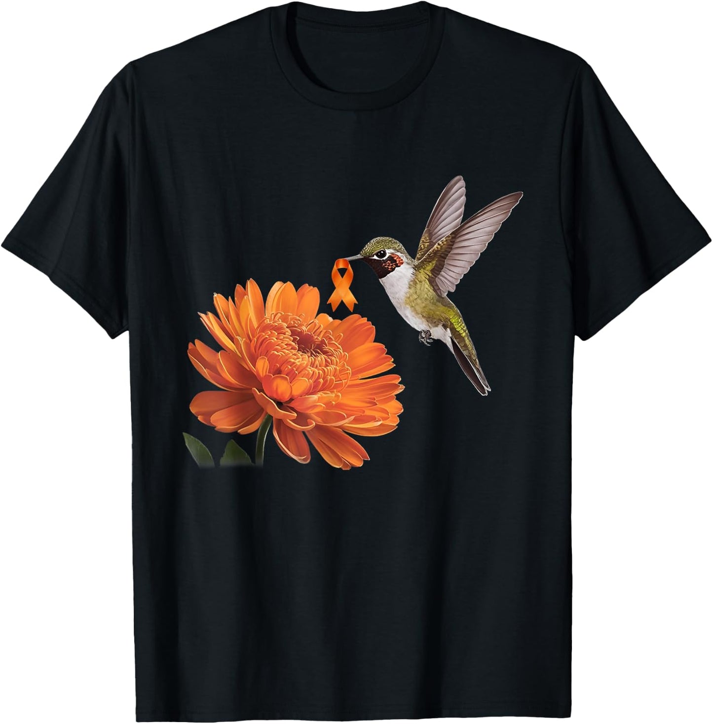 Hummingbird Sunflower Daisy Orange Ribbon Leukemia Awareness T-Shirt - T-Shirt | Black