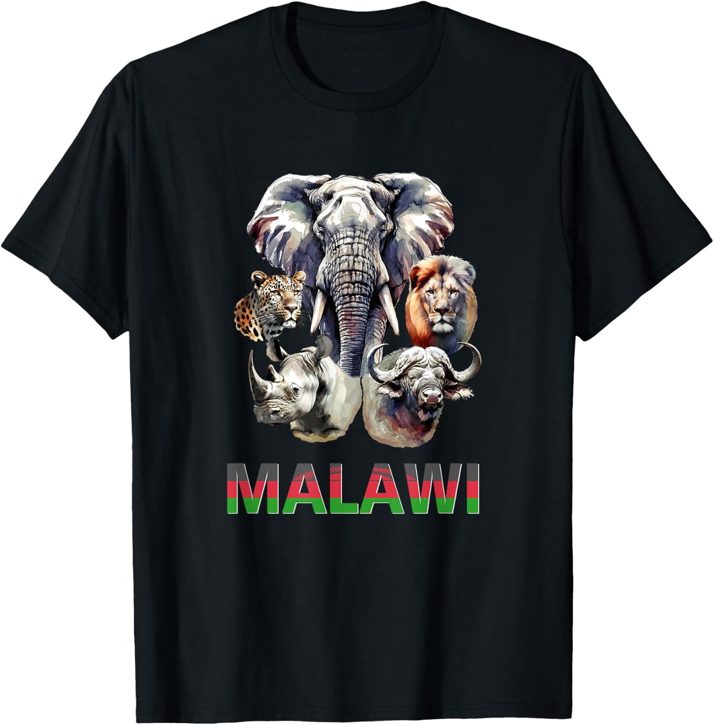 Malawi Big Five Wildlife in Watercolor for Malawi Fans T-Shirt - T-Shirt | Black