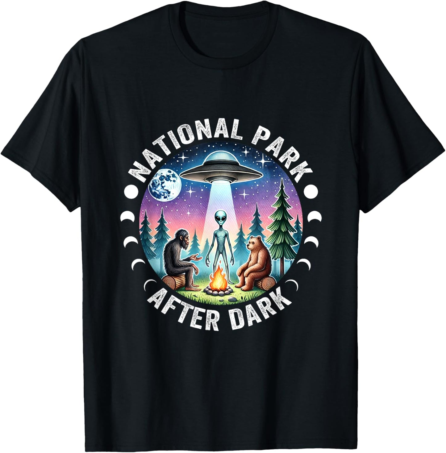 Vintage Retro Funny National Park After the Dark Big foot Alien Campfire , Small, Black T-Shirt - T-Shirt | Black
