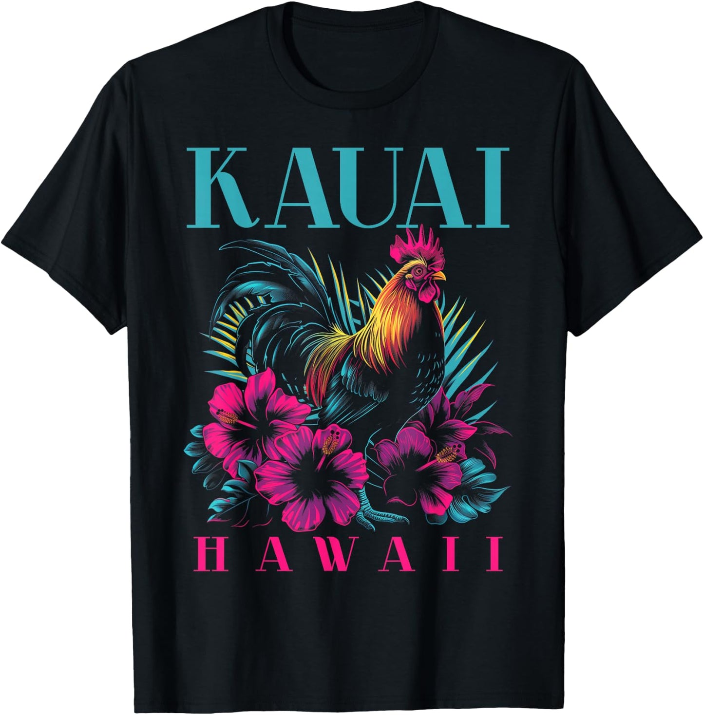 Kauai Hawaii Chicken Hawaiian Hibiscus Flowers Vintage T-Shirt - T-Shirt | Black