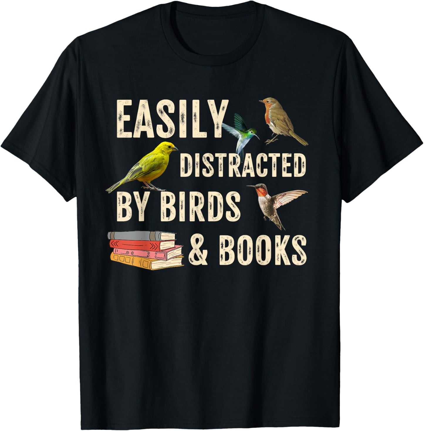 Easily Distracted By Birds & Books Vintage Funny Birder T-Shirt - T-Shirt | Black