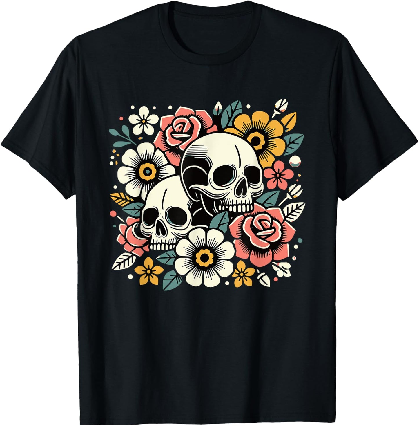 Boho Wildflowers Floral Nature Flower Skull Graphics T-Shirt - T-Shirt | Black