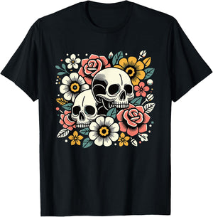 Boho Wildflowers Floral Nature Flower Skull Graphics T-Shirt - T-Shirt | Black