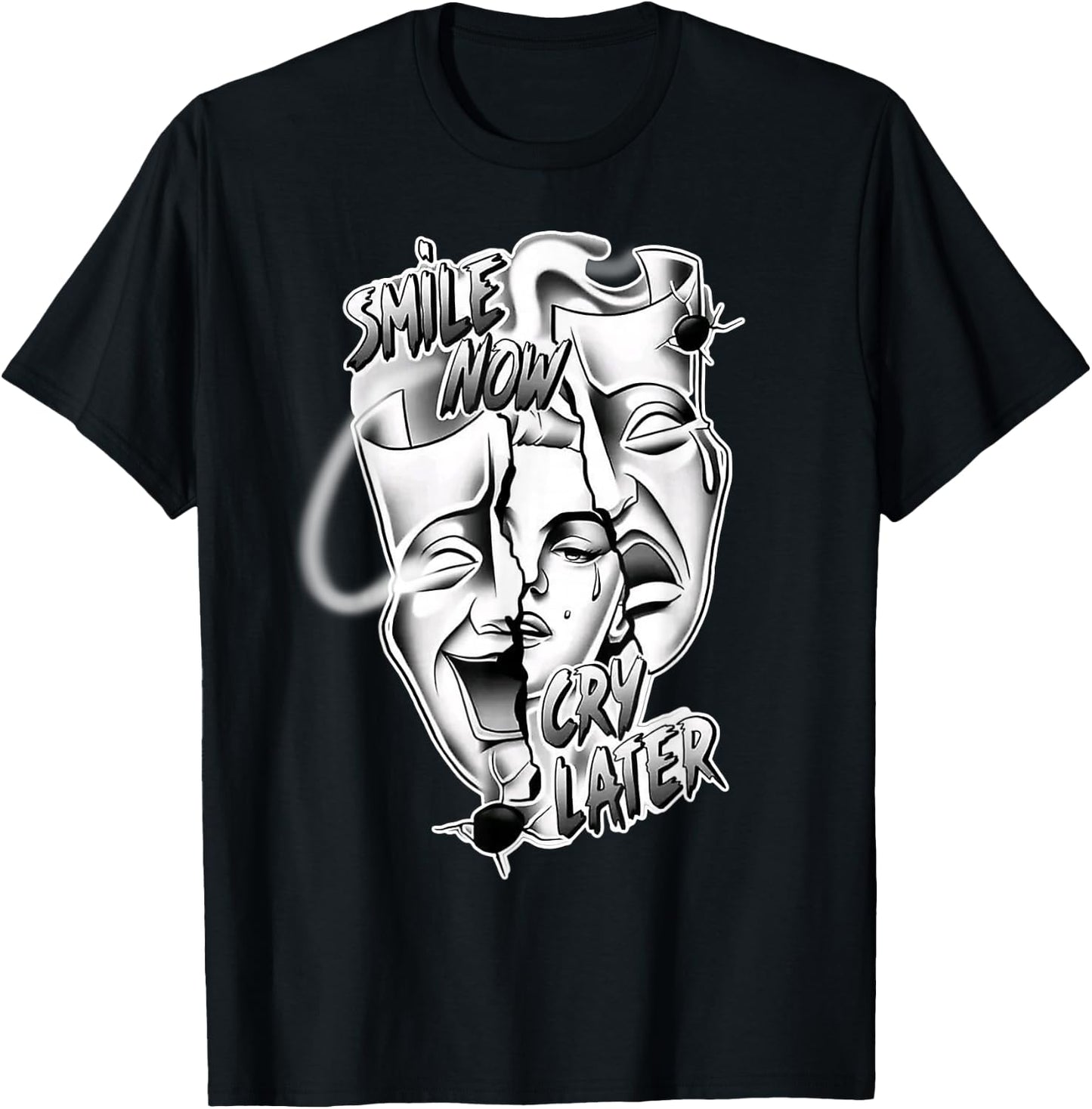 Smile Now Cry Later Pretty Girl Chicano Blackwork T-Shirt - T-Shirt | Black