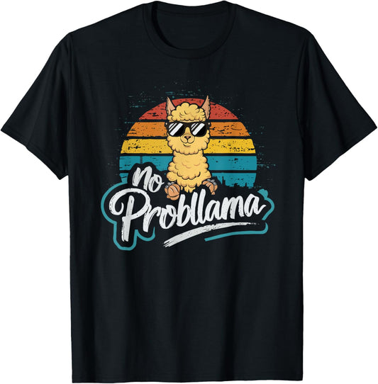 Funny Llama With Sunglasses No Probllama Cute Llama Vintage T-Shirt - T-Shirt | Black