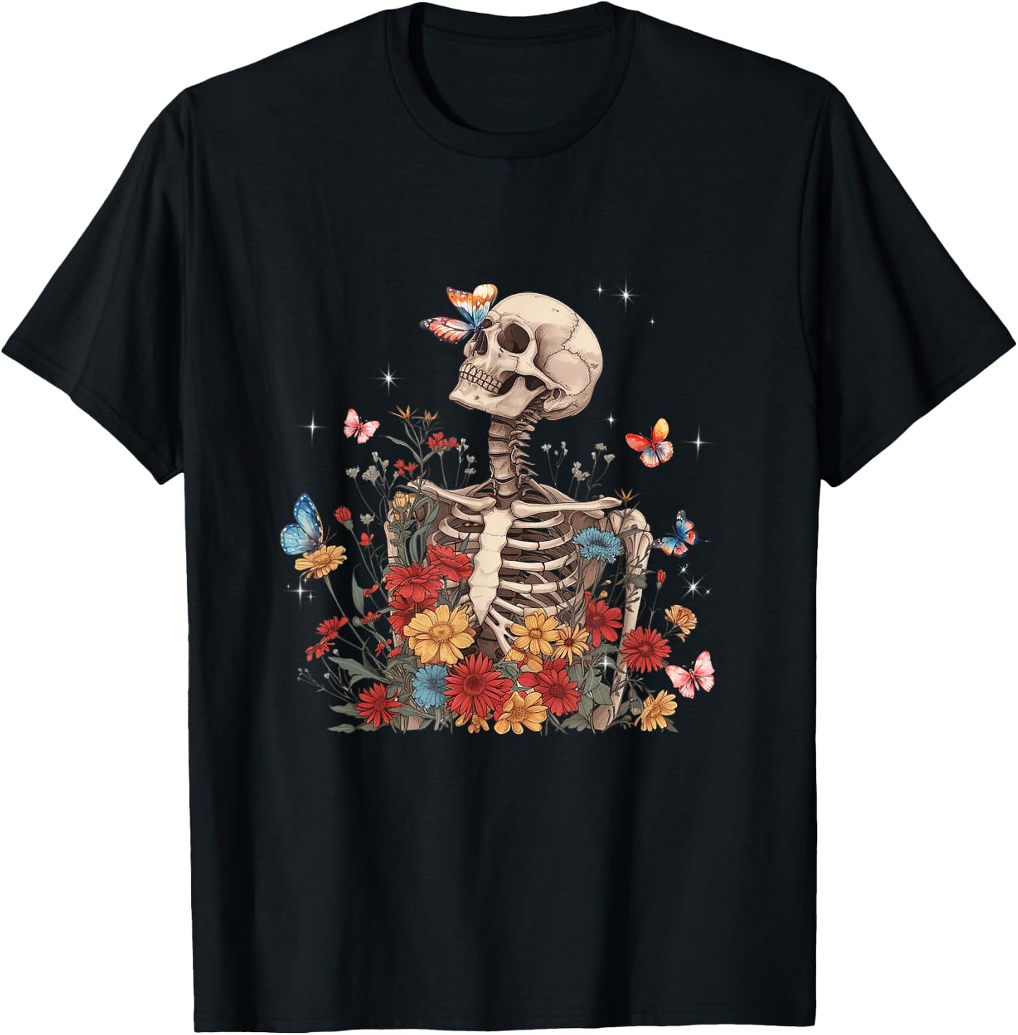Skeleton Flowers Butterfly Floral Halloween Men Women T-Shirt - T-Shirt | Black