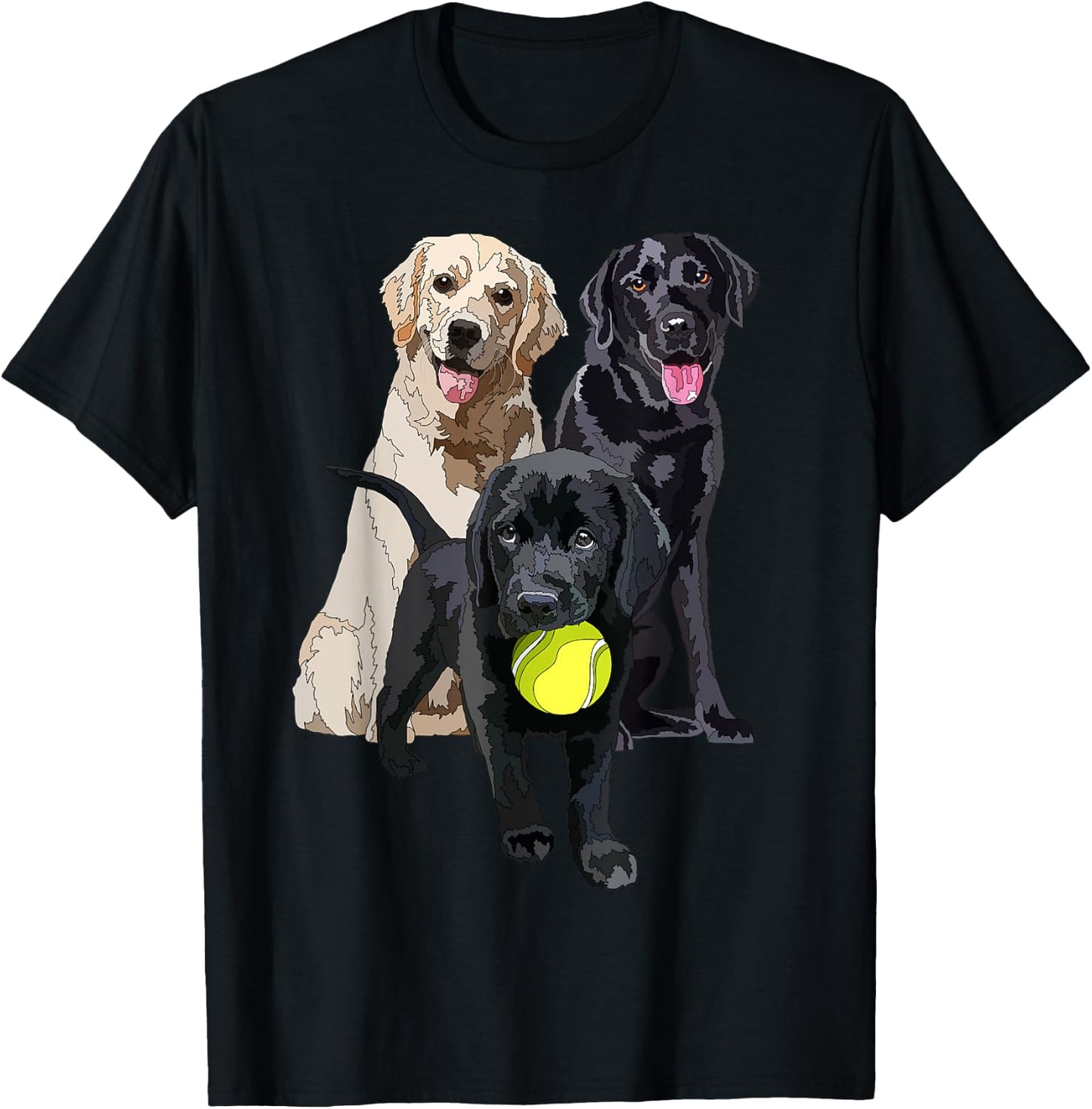 Happy Yellow Labrador Black Retriever And A Puppy Dog Men Women Girls Kids T-Shirt - T-Shirt | Black