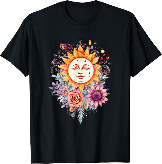 Mystic Sun and Moon Woman Mystical Flowers Aesthetic T-Shirt - T-Shirt | Black