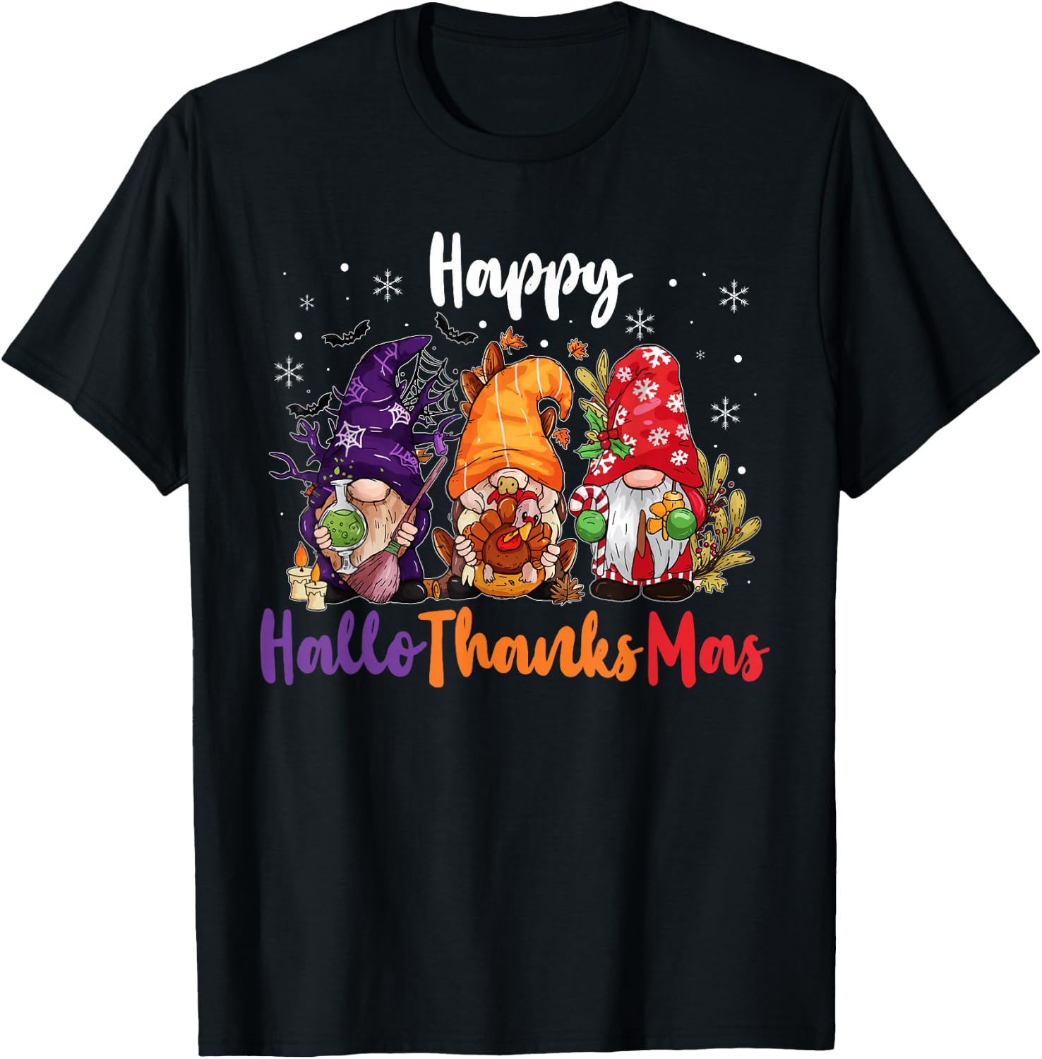 Happy Hallothanksmas Gnomes Lover Halloween Merry Christmas T-Shirt - T-Shirt | Black