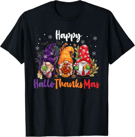 Happy Hallothanksmas Gnomes Lover Halloween Merry Christmas T-Shirt - T-Shirt | Black
