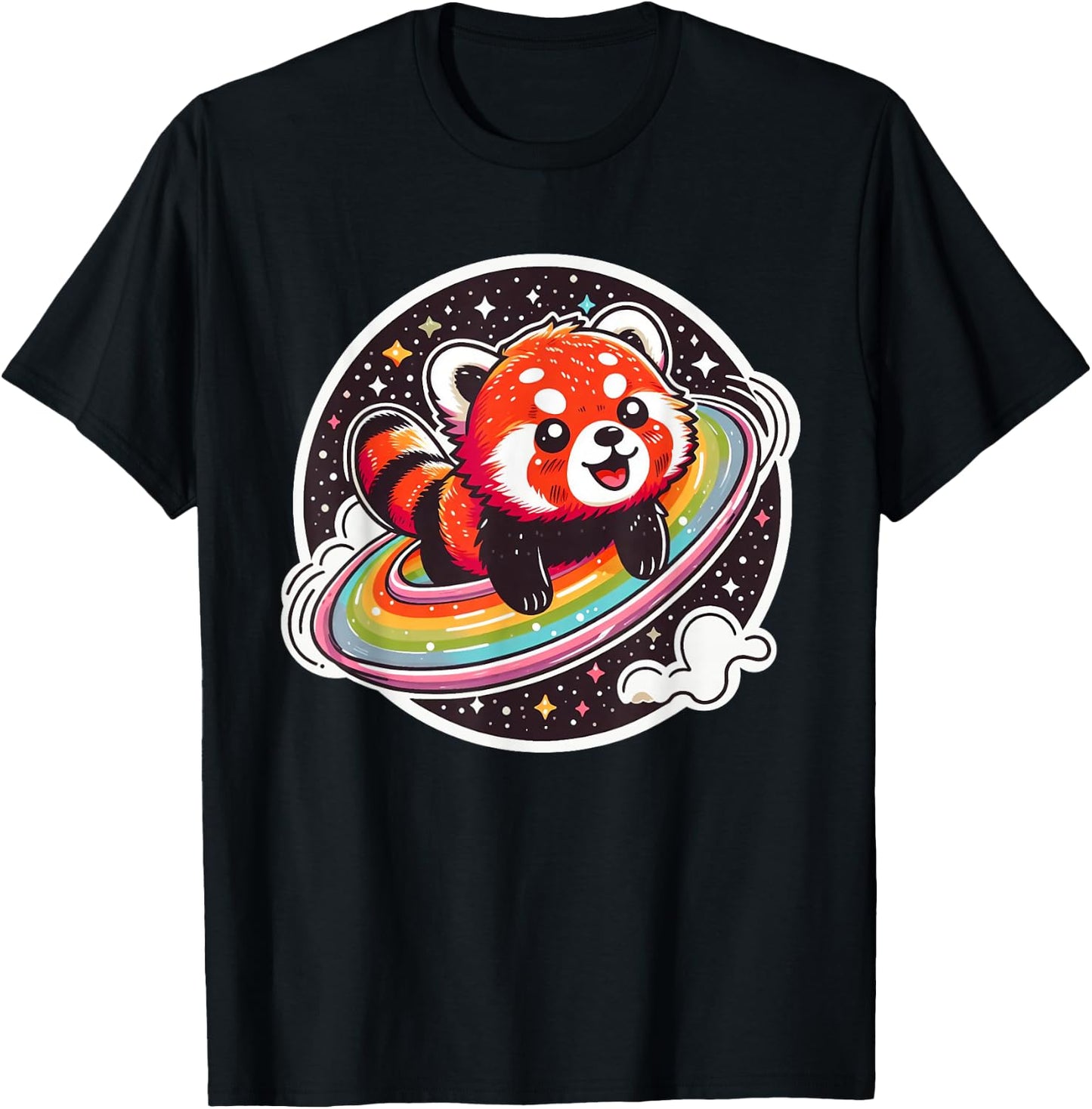 Cute Red Panda in Space Cartoon Style Funny and Colourful T-Shirt - T-Shirt | Black