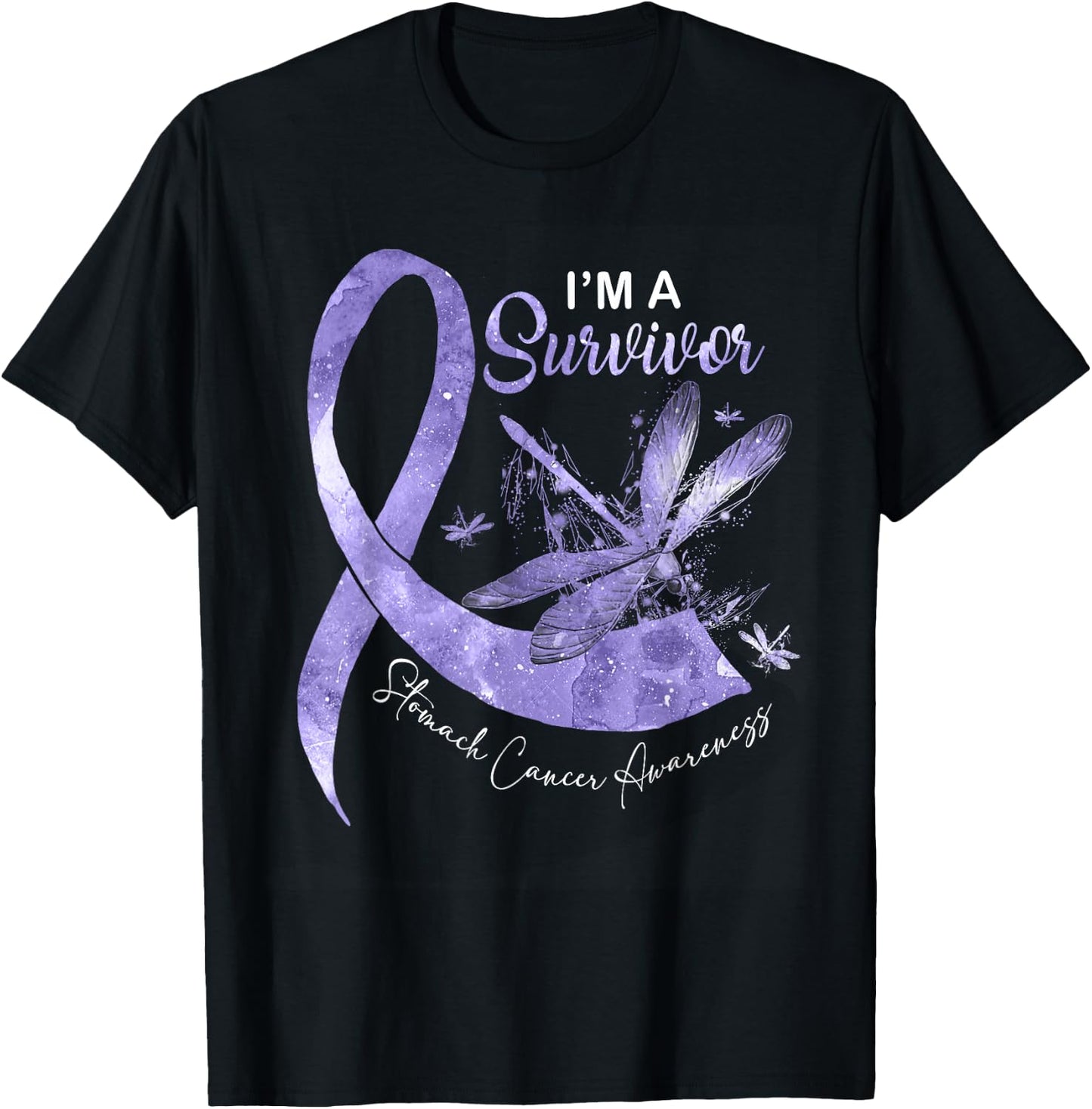 I'm A Survivor Stomach Cancer Dragonfly Periwinkle Ribbon T-Shirt - T-Shirt | Black