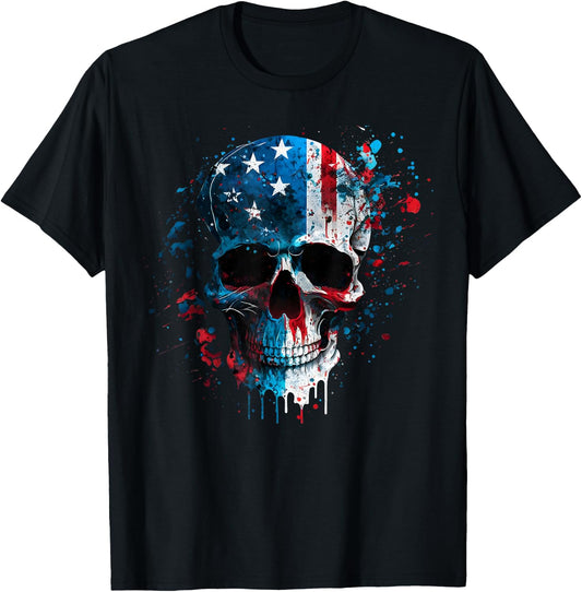 Skull Skeleton American Flag Freedom Patriotic 4th of July T-Shirt - T-Shirt | Black
