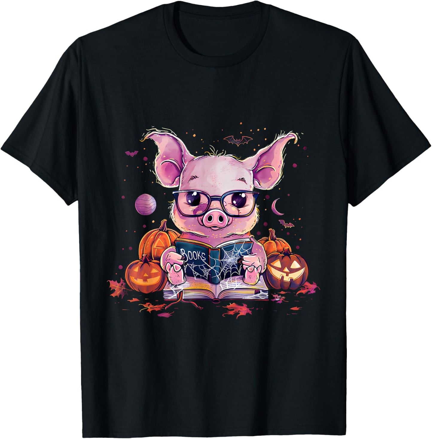 Pig Halloween Costume Pumpkin Witchcraft Book Reading T-Shirt - T-Shirt | Black