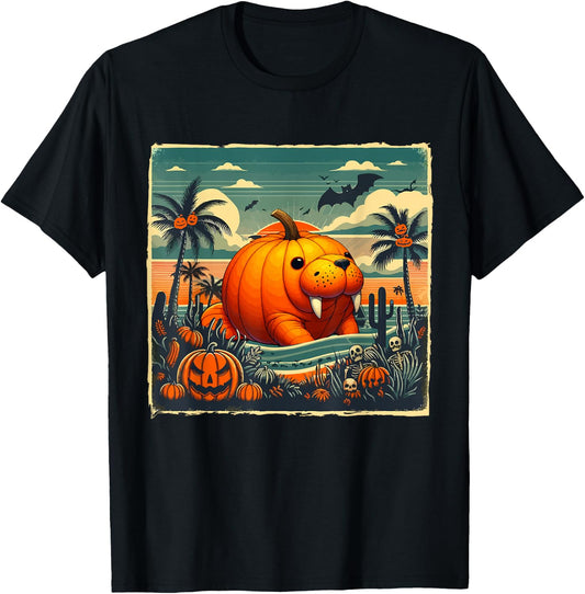 Horror Carved Pumpkin As Manatee Halloween Costume Beach T-Shirt - T-Shirt | Black