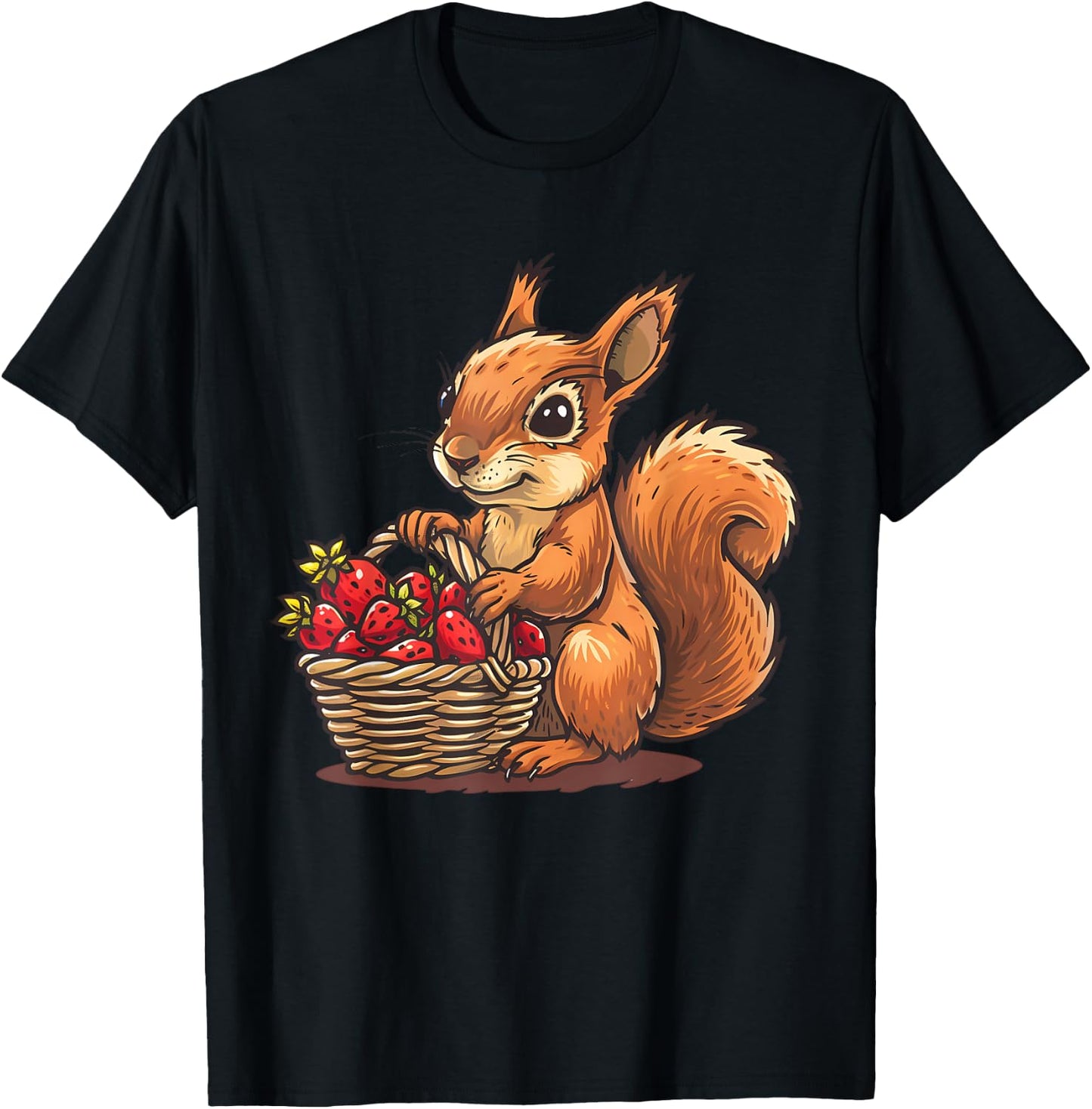 Strawberry Squirrel Wildlife Cute Squirrel Animal Art Motif T-Shirt - T-Shirt | Black